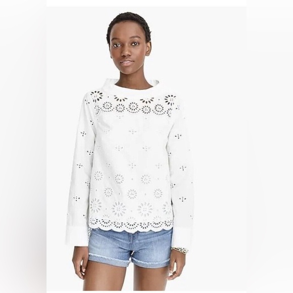 J. Crew Tops - J.crew White Eyelet Lace Long Sleeve Top 00p NWT
